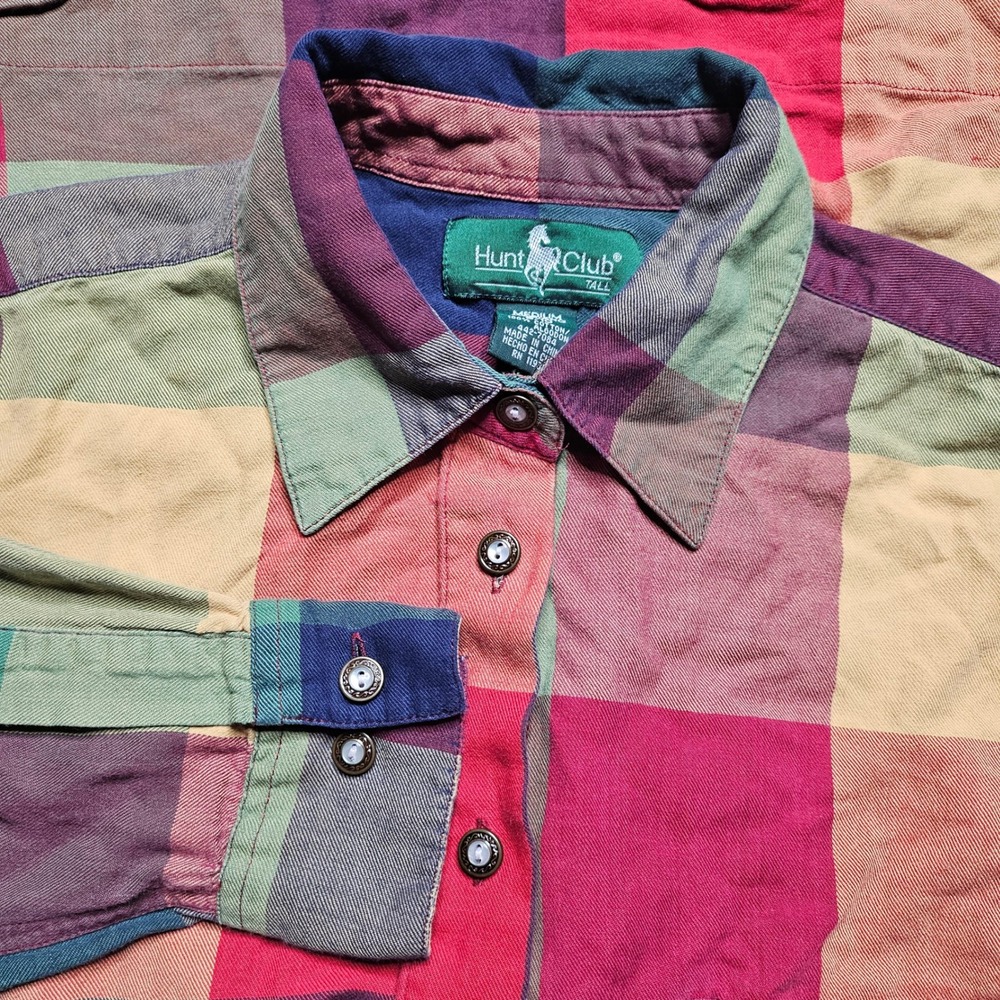 Hunt Club Tall Womens Plaid Button Up Shirt Long Sleeve Multicolor Medium